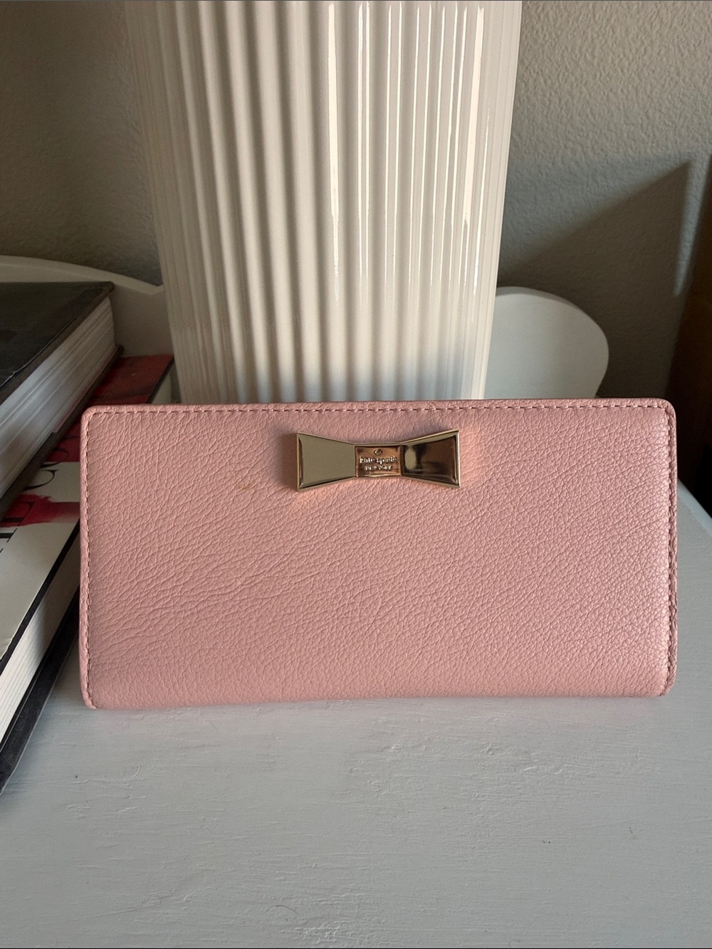 kate spade Blush Pink Pebbled Leather Wallet with Gold Bow - Brand New in Box